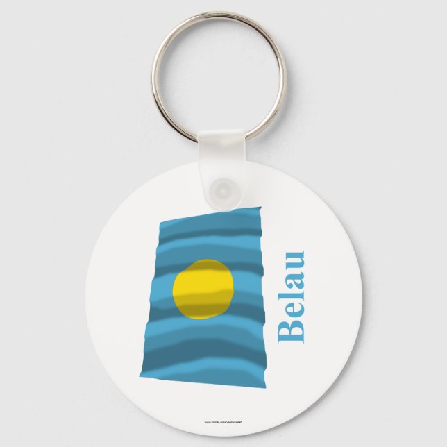 Palau Waving Flag with Name in Palauan Key Ring (Front)