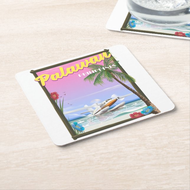 Palawan Philippines flight poster Square Paper Coaster (Angled)