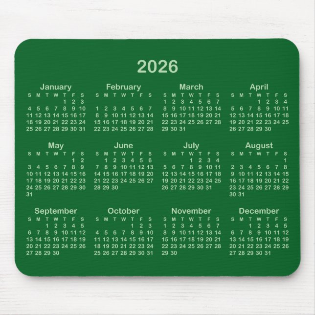 Pale and Forest Green 2026 Calendar Mouse Mat (Front)