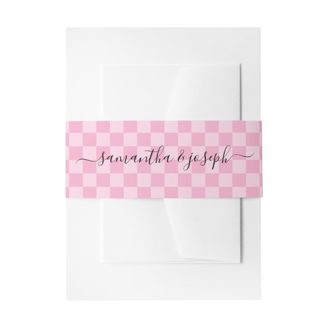 Pale and Light Pink Checkered Signature Names Invitation Belly Band (Front Example)