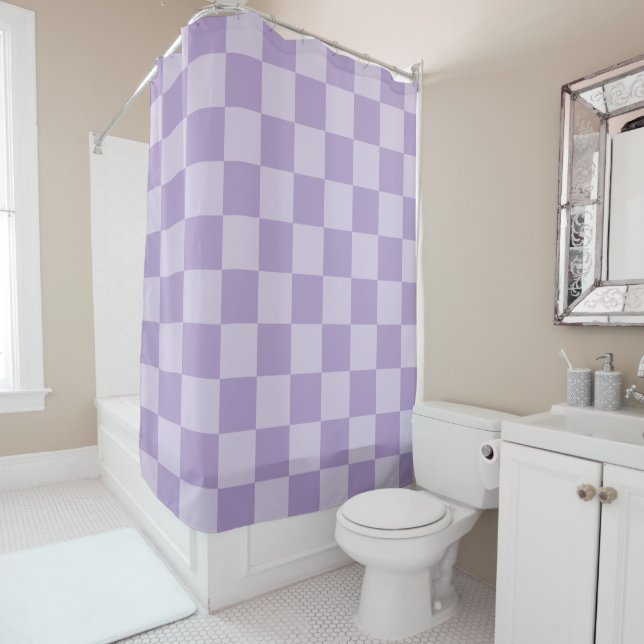 Pale and Pastel Purple Monotone Checkered Shower Curtain (In Situ)