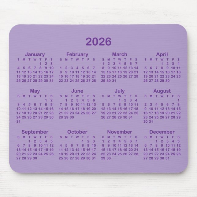 Pale and Royal Purple 2026 Calendar Mouse Mat (Front)