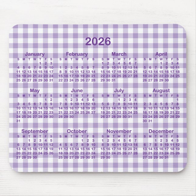 Pale and Royal Purple Gingham Plaid 2026 Calendar Mouse Mat (Front)