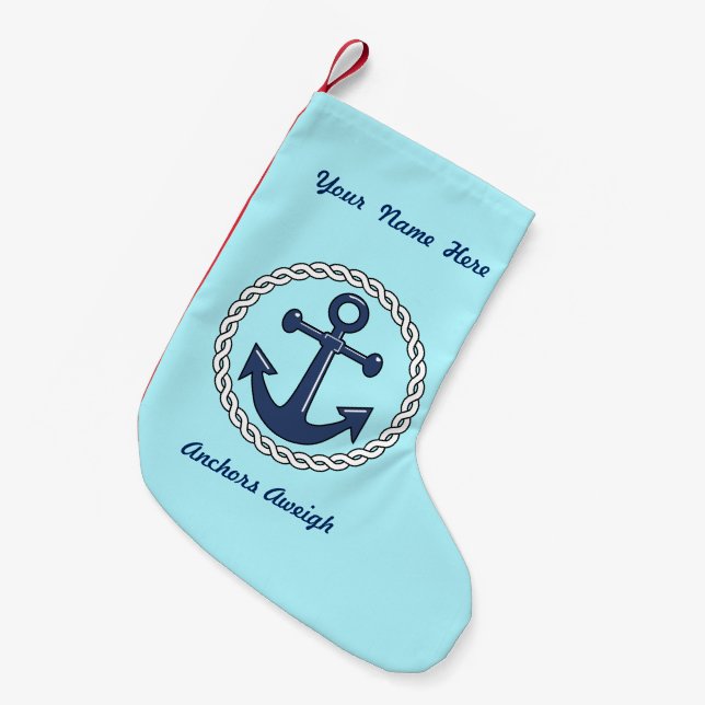 Pale Aqua Anchors Aweigh Personalised Small Christmas Stocking (Front (Hanging))