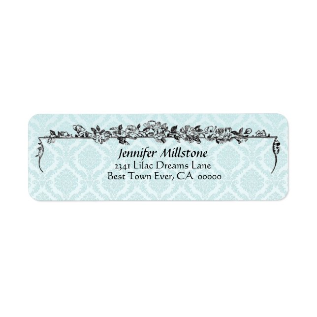 Pale Aqua Blue Damask and Flowers Address Label (Front)
