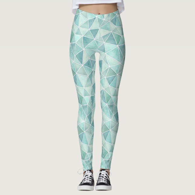 Pale Aqua Geometric Mosaic – Polygon Leggings (Front)