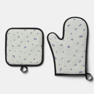 Pale Aqua Japanese Balloon Flower Floral Pattern Oven Mitt & Pot Holder Set