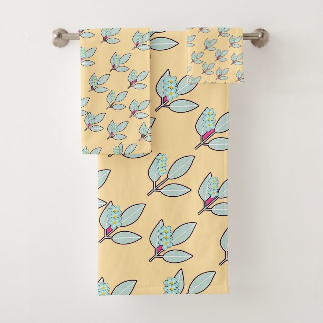 Pale Aqua Leaf With Blossoms Cream Gift  Bath Towel Set (Insitu)