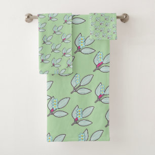 Pale Aqua Leaf With Blossoms Light Green Gift  Bath Towel Set