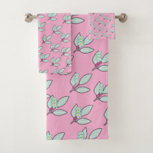 Pale Aqua Leaf With Blossoms Pink  Gift  Bath Towel Set