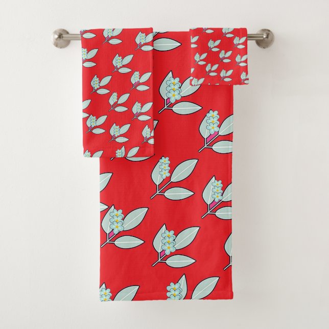 Pale Aqua Leaf With Blossoms Red Gift  Bath Towel Set (Insitu)