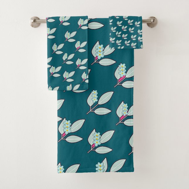 Pale Aqua Leaf With Blossoms Teal Gift  Bath Towel Set (Insitu)