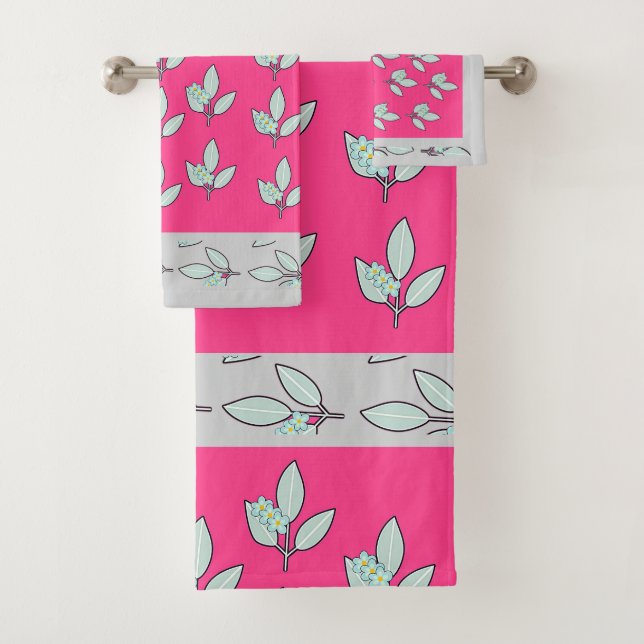 Pale Aqua Leaf With Blossoms Trim Hot Pink Gift  Bath Towel Set (Insitu)