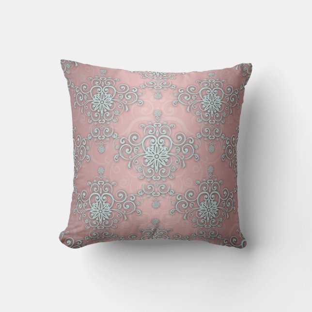 Pale Baby Blue and Pink Fancy Damask Pattern Cushion (Front)