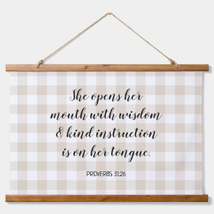 Pale Beige Gingham Calligraphy Bible Verse Text Hanging Tapestry