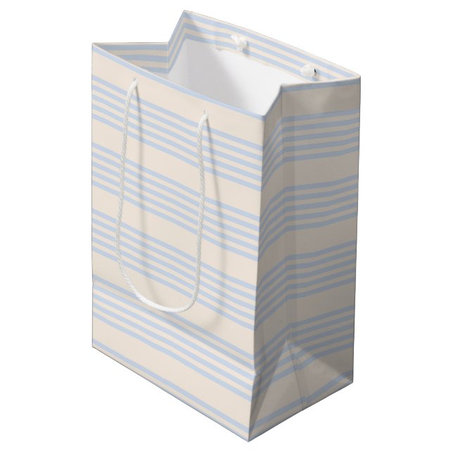 Pale blue and beige five stripes pattern medium gift bag (Front Angled)
