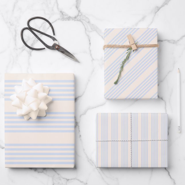 Pale blue and beige five stripes pattern wrapping paper sheet (Front)