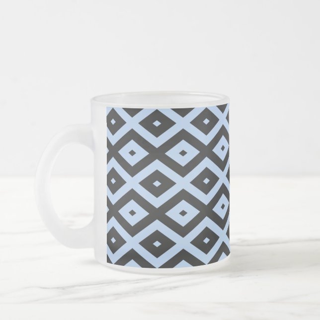Pale blue and black diamond pattern frosted glass coffee mug (Left)