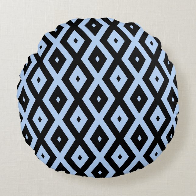 Pale blue and black diamond pattern round cushion (Front)