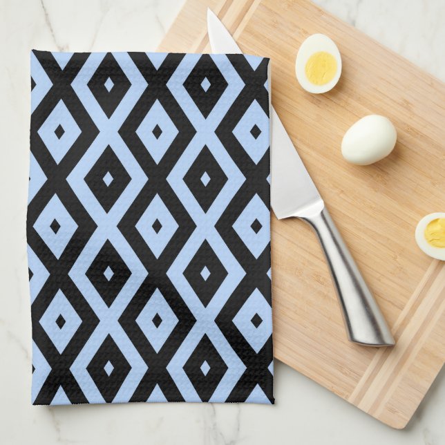 Pale blue and black diamond pattern tea towel (Quarter Fold)
