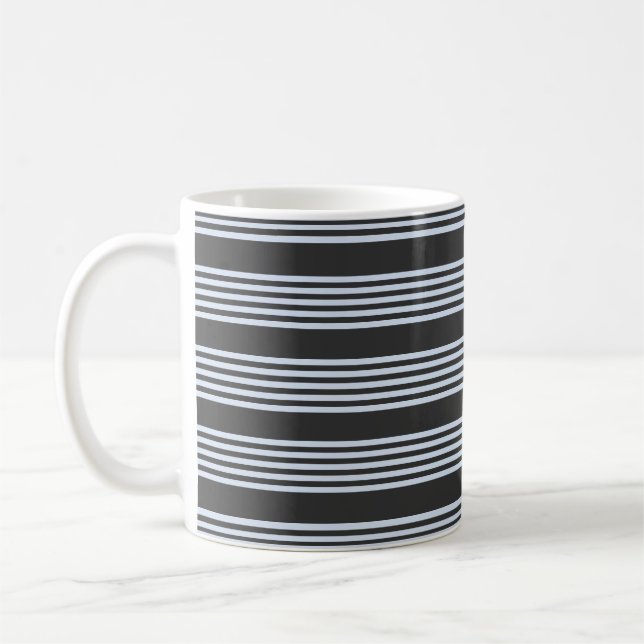 Pale blue and charcoal five stripes pattern coffee mug (Left)