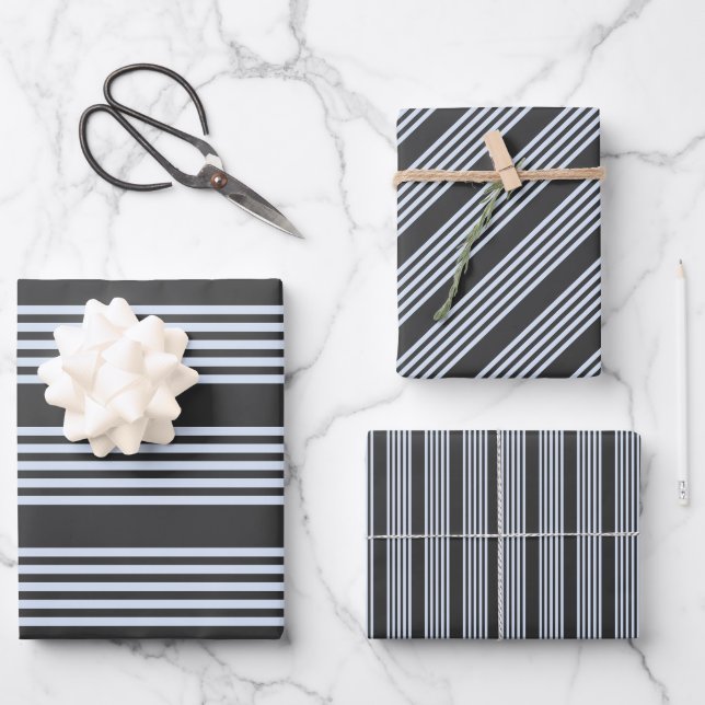 Pale blue and charcoal five stripes pattern wrapping paper sheet (Front)