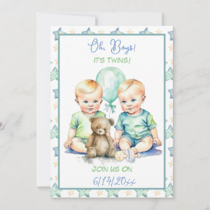 Pale Blue and Green Twin Boys Baby Shower Invitation