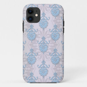 Pale Blue and Silvery White Damask iPhone 11 Case