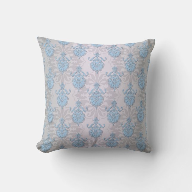 Pale Blue and Silvery White Damask Cushion (Front)
