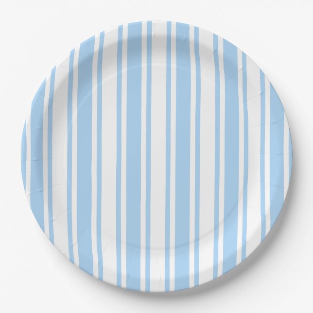 Pale blue and white candy stripes paper plate (Front)