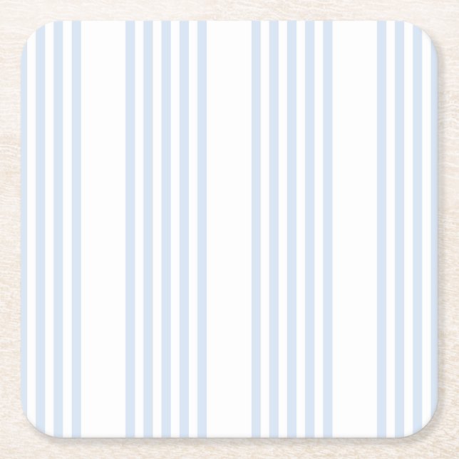 Pale blue and white five stripes pattern square paper coaster (Front)