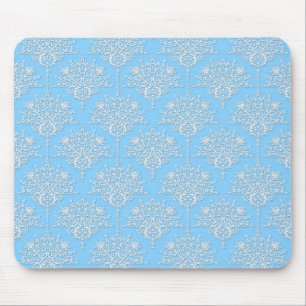 Pale Blue and White Floral Damask Pattern Mouse Mat