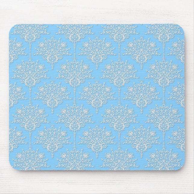 Pale Blue and White Floral Damask Pattern Mouse Mat (Front)