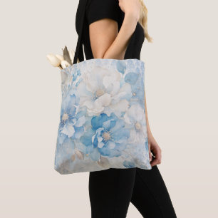 Pale blue and white floral tote bag
