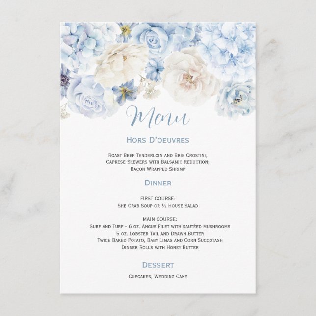Pale Blue and White Floral Wedding Menu (Front)