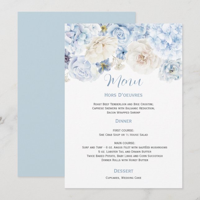 Pale Blue and White Floral Wedding Menu Invitation (Front/Back)