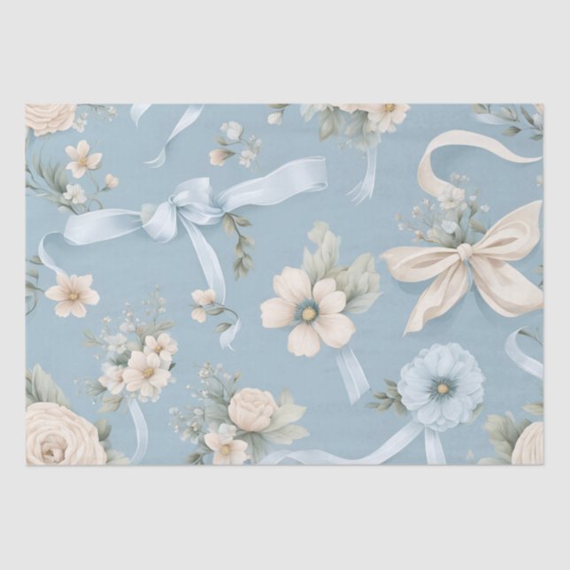 Pale Blue and white Fowers and Bows Tissue Paper (Front)