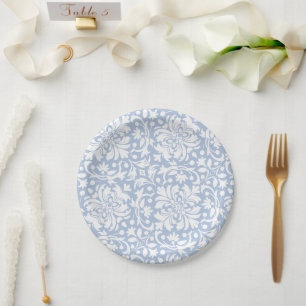 Pale Blue and White Ornate Damask Tile Paper Plate