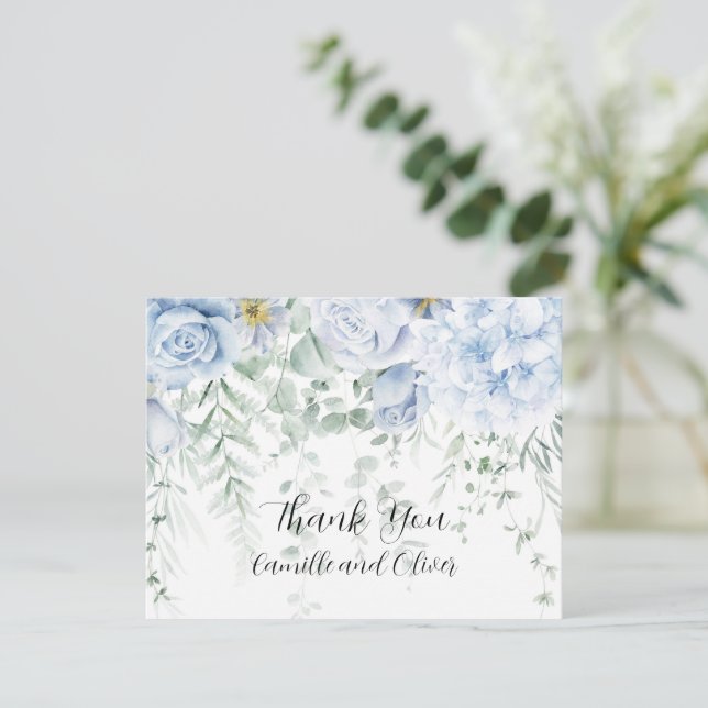 Pale Blue and White Roses Floral Thank You Card (Standing Front)