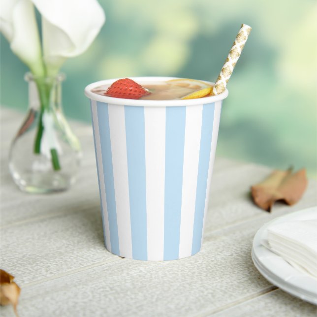 Pale Blue and White Stripe Paper Cups (Insitu)