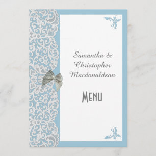 Pale blue and white traditional lace wedding menu