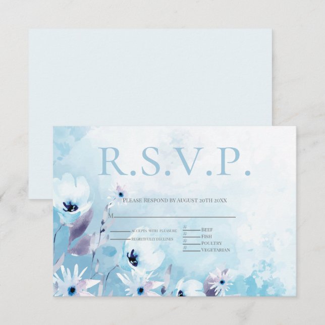 Pale Blue Anemone Flowers Menu Choice RSVP (Front/Back)
