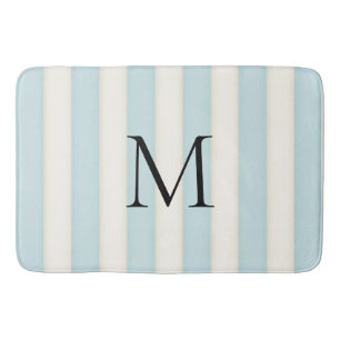 Pale Blue & Antique White Stripes Monogrammed Bath Mat