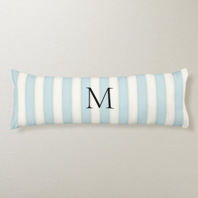 Pale Blue & Antique White Stripes Monogrammed Body Cushion (Front)