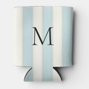 Pale Blue & Antique White Stripes Monogrammed Can Cooler