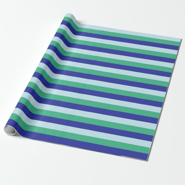 Pale Blue, Aqua Green and Blue Stripes Wrapping Paper (Unrolled)