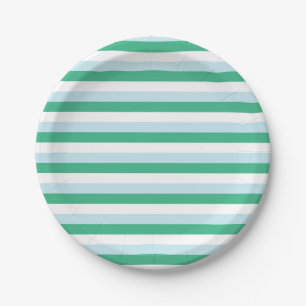 Pale Blue, Aqua Green and White Stripes Paper Plate