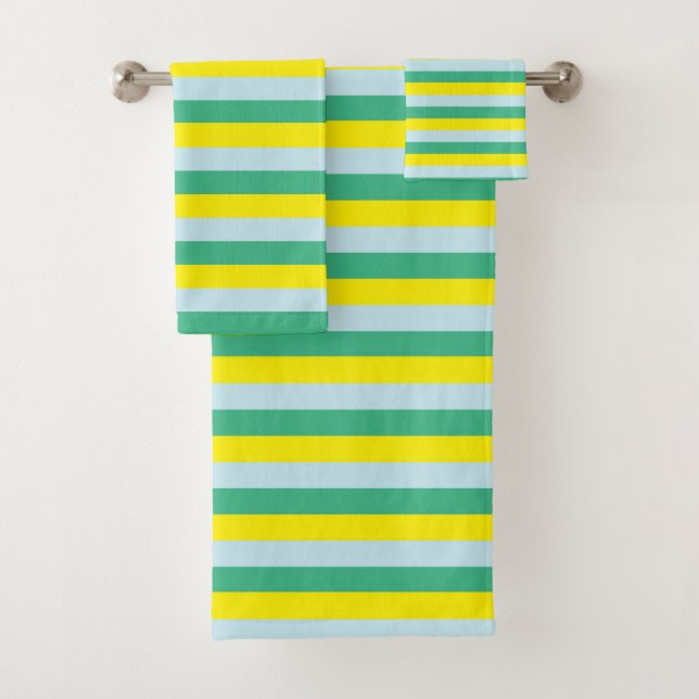 Pale Blue, Aqua Green and Yellow Stripes Bath Towel Set (Insitu)