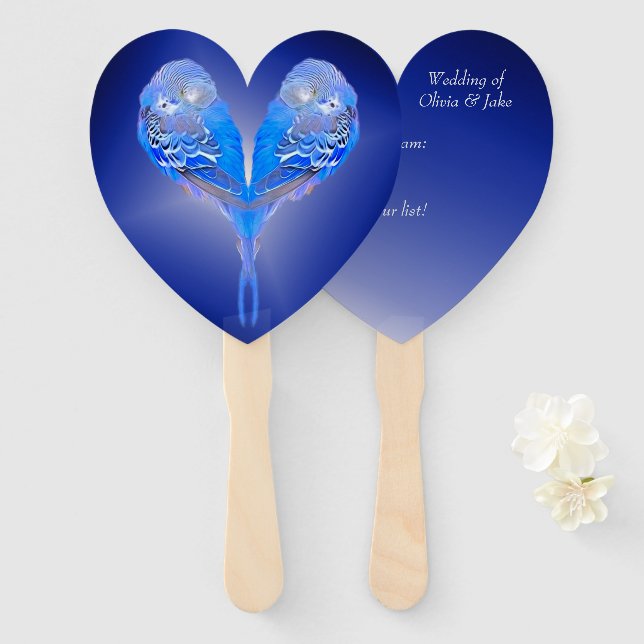 Pale blue birds in heart shape on night blue  hand fan (Front and Back)