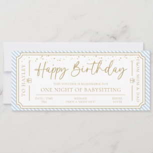 Pale Blue Birthday babysitting Gift Voucher Card
